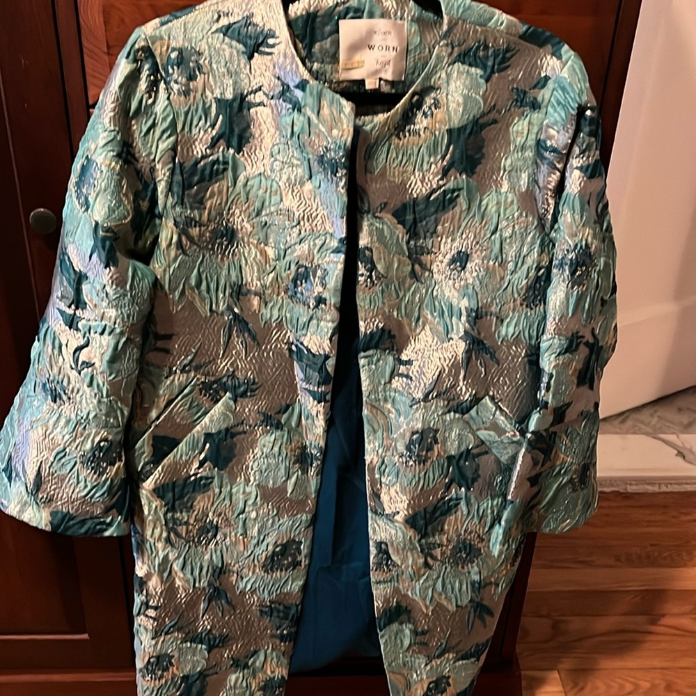 Anthropologie SEEN WORN KEPT Blue/Gold Floral coat Sz 4 brocade jacquard NWT